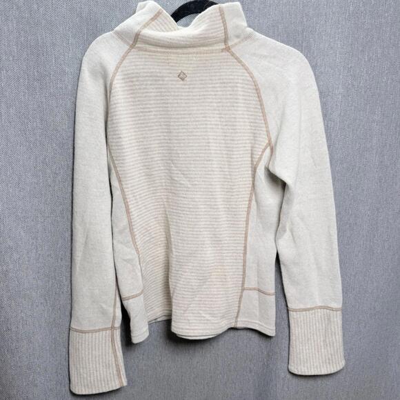 prAna Sweater Women's M Lucia Wool Blend Ivory Pullover Stripe Drawstring Logo - Picture 2 of 10